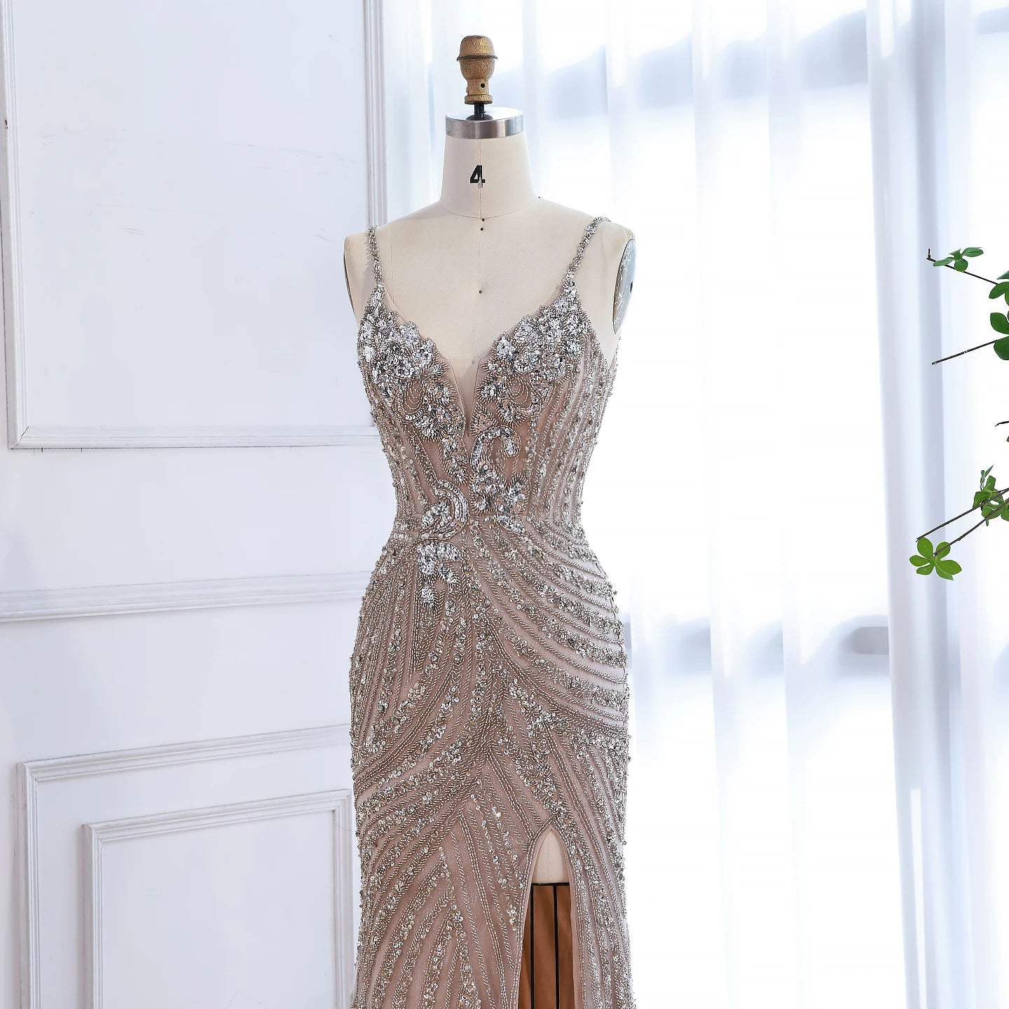 Luxury Nude Beaded High Slit Mermaid Evening Dress LA73340 - SERENE HILL