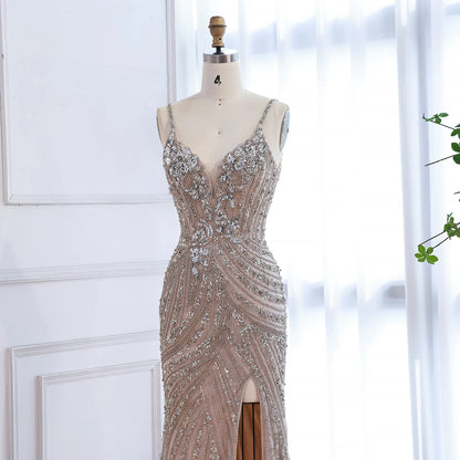 Luxury Nude Beaded High Slit Mermaid Evening Dress LA73340 - SERENE HILL