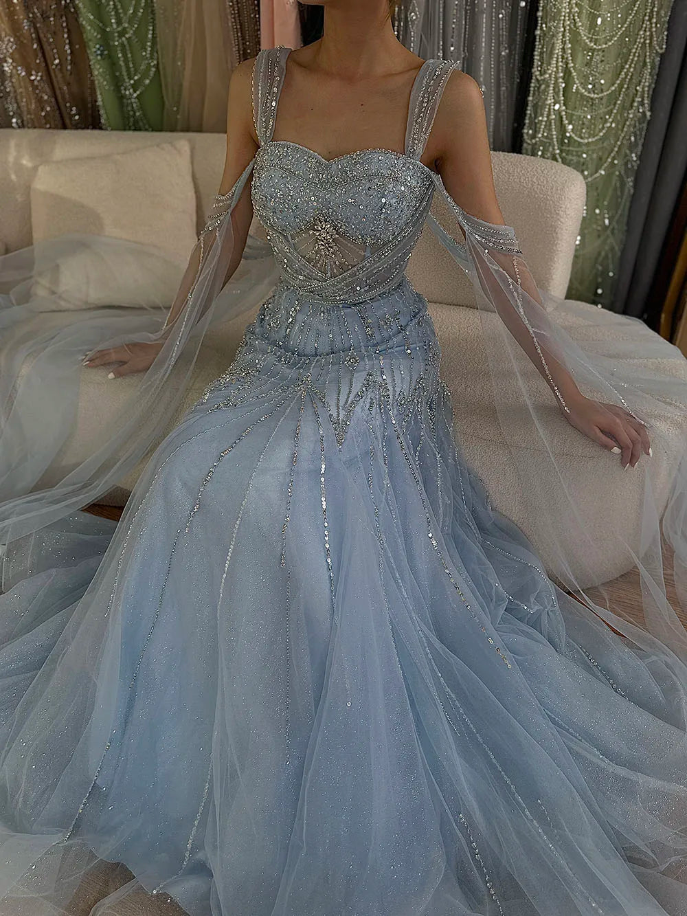 Luxury Dubai pink Beaded Spaghetti Strap Design A-Line Evening Dresses Gowns with Cape Sleeves for Formal Occasion LA72726 - SERENE HILL
