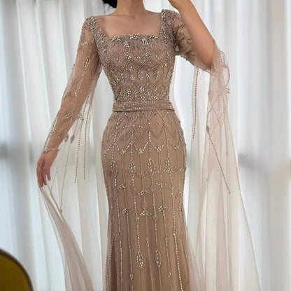 Luxury Arabic Caramel Beaded Evening Dress with Cape Sleeves LA72966A - SERENE HILL