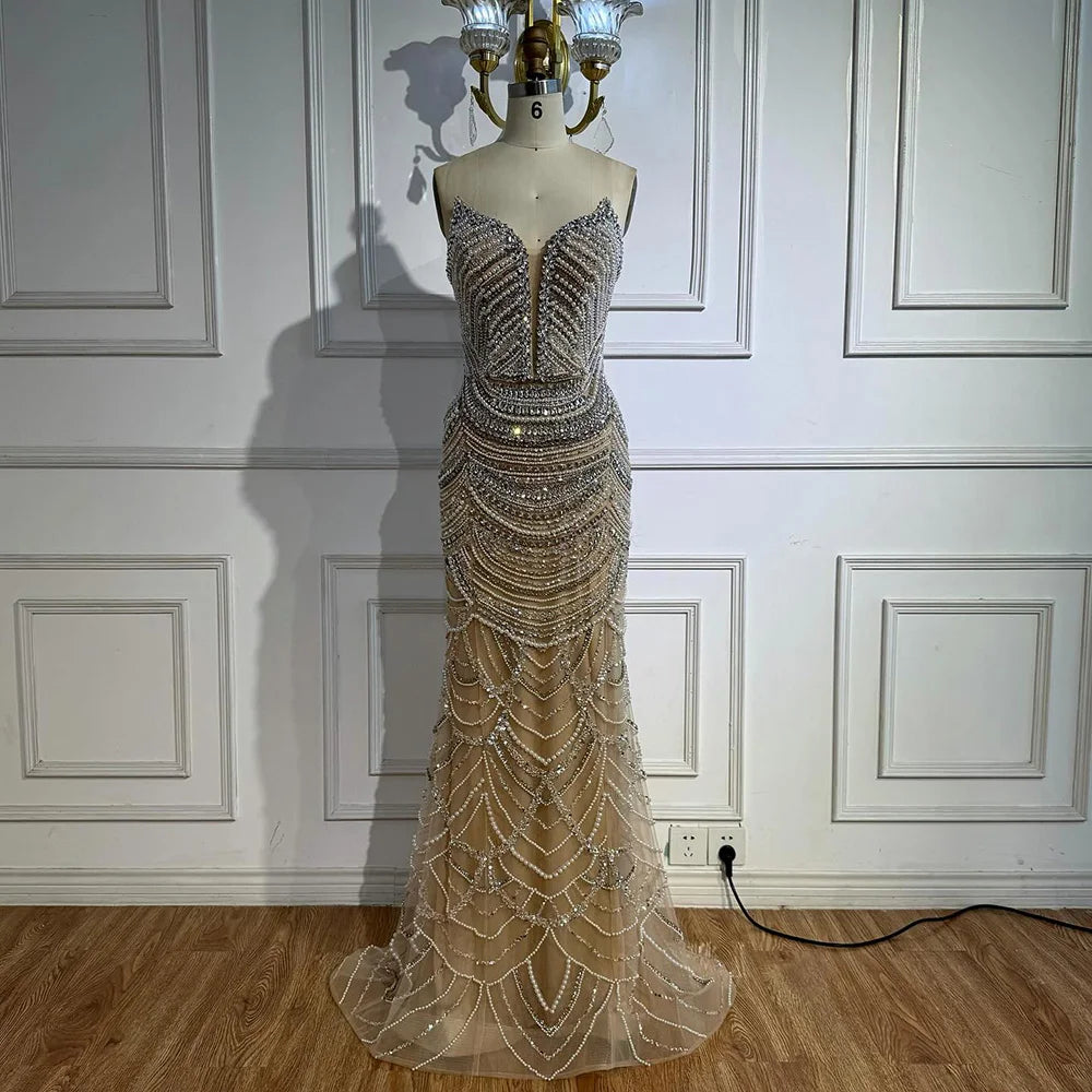 Luxury Nude Silver Beaded Evening Gown with Crystals LA72900 - SERENE HILL