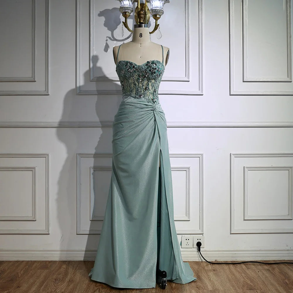 Classy Light Green Satin Prom Dress with Lace and Slit LA73032A - SERENE HILL