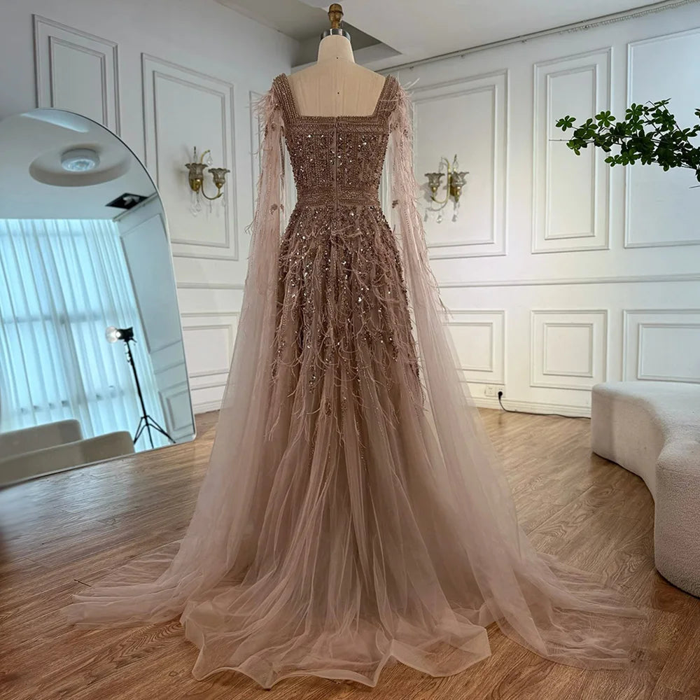 Elegant Blue Beaded Feather A-Line Evening Dress With Cape LA73043 - SERENE HILL