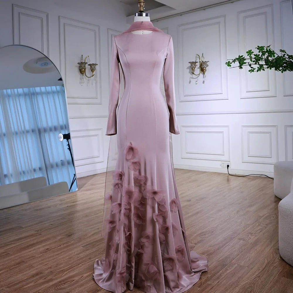 Luxury Pink 3D Flower Evening Dress Long Sleeves LA72954 Pink / 8 Luxury Pink 3D Flower Evening Dress Long Sleeves LA72954 Pink / 8