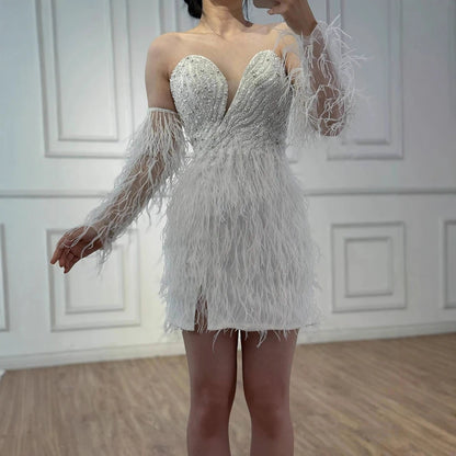 Luxury white short Beaded Mermaid Feather Cocktail Dress LA71770 - SERENE HILL