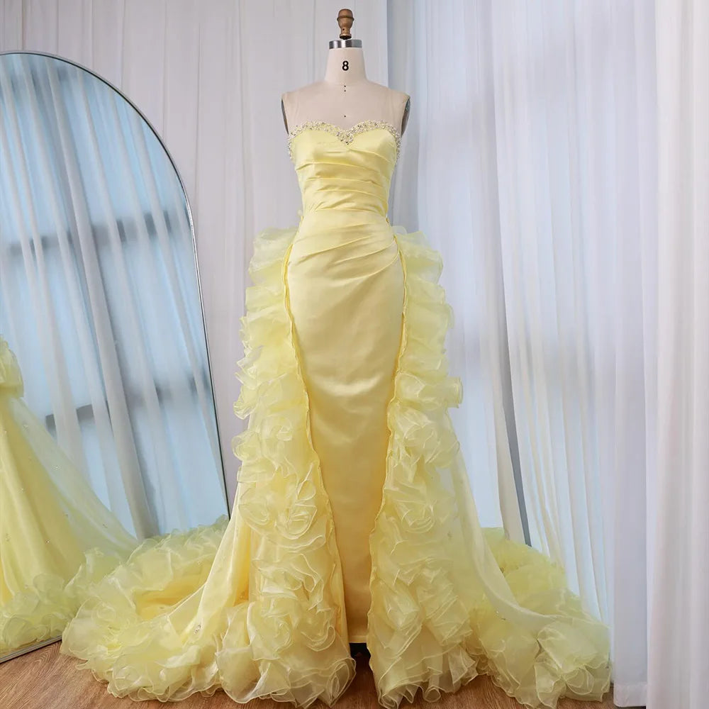 Luxury Dubai Evening Gown for Formal Occasion Elegant Yellow Dress with Ruffles and Beaded Details LA72889 - SERENE HILL