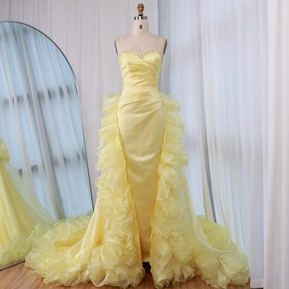Luxury Dubai Evening Gown for Formal Occasion Elegant Yellow Dress with Ruffles and Beaded Details LA72889 - SERENE HILL