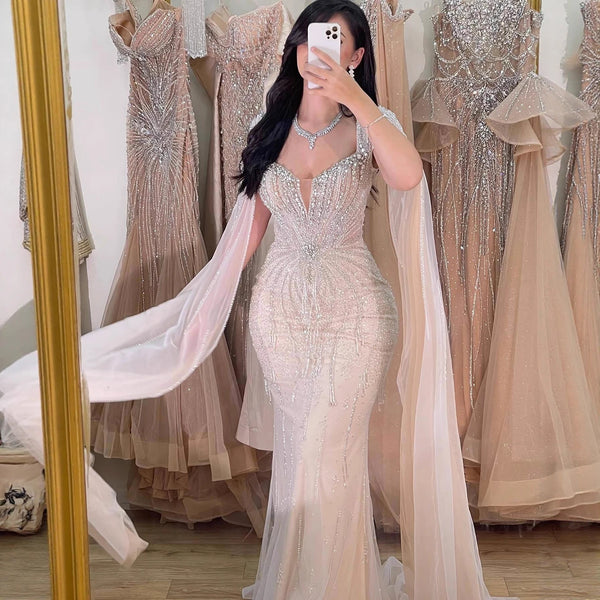 Luxury Designer Beige Beaded Evening Dress with Cape Sleeves LA72992