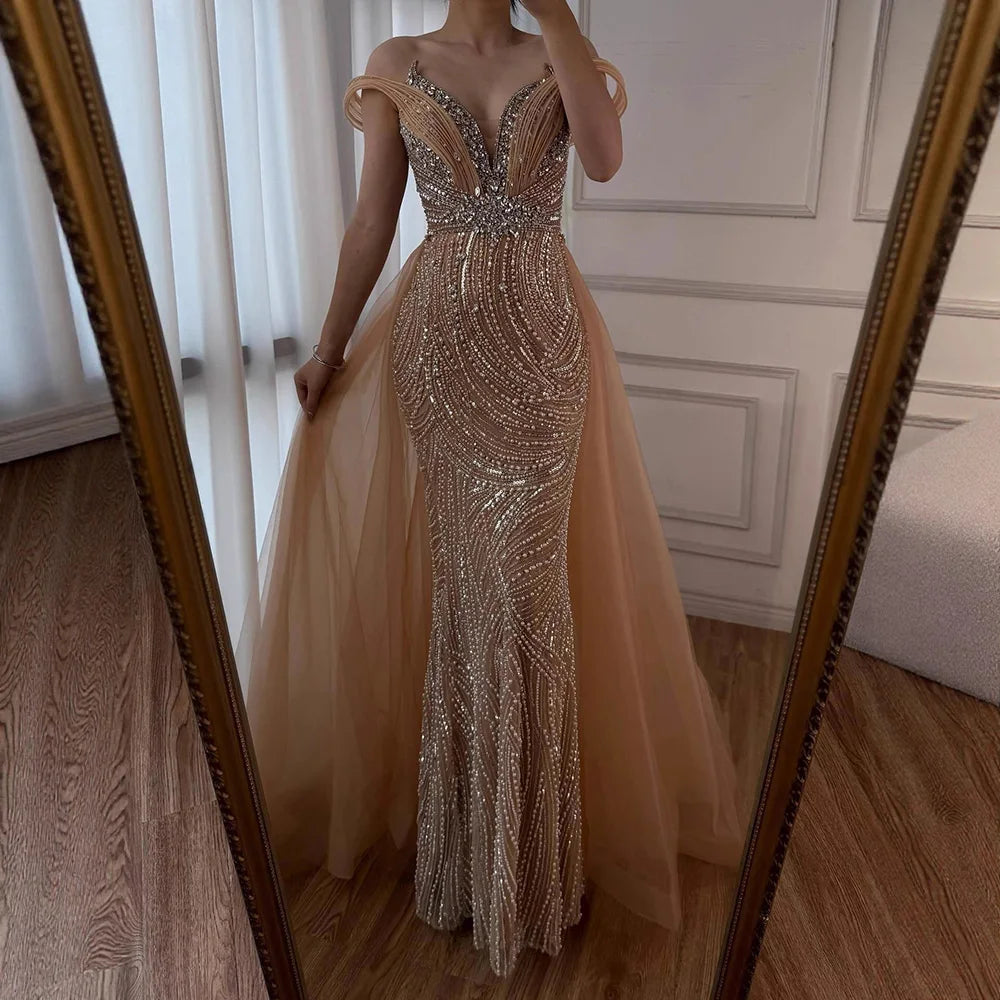 Luxury Nude Mermaid Off Shoulder Beaded Evening Dress with Overskirt LA73131 - SERENE HILL