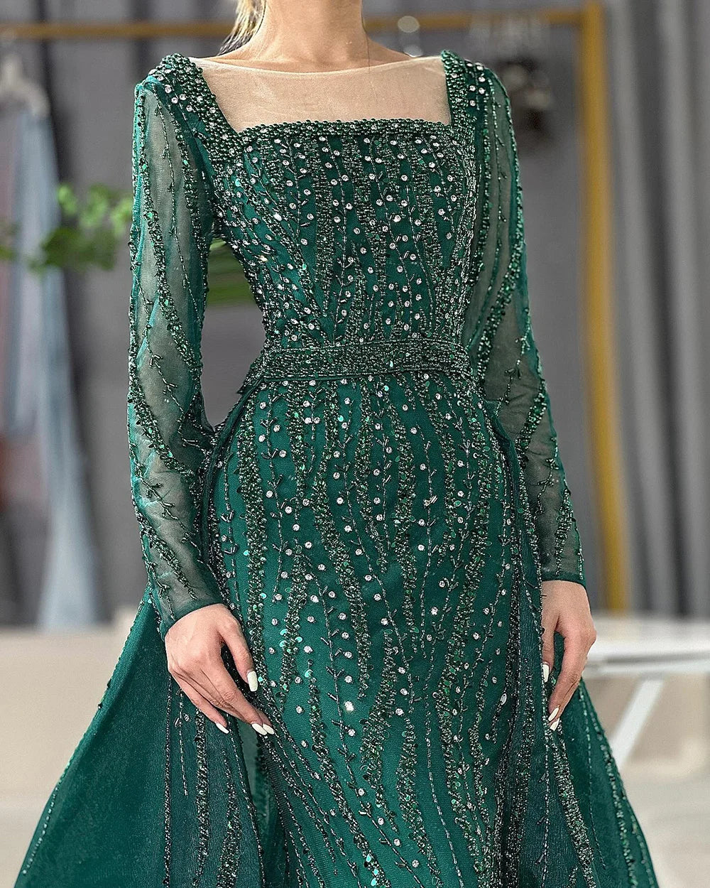 Modest Green Mermaid Evening Dress with Overskirt LA72710 - SERENE HILL
