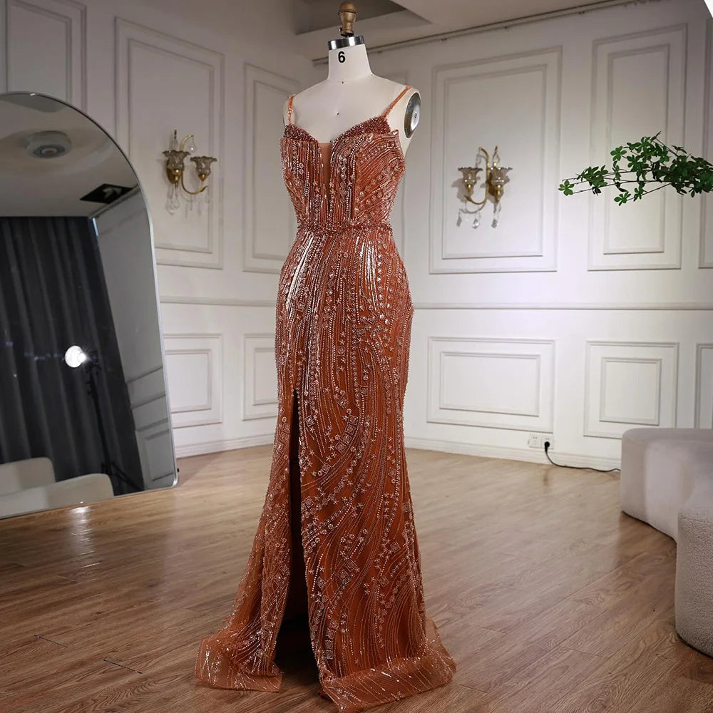 Orange Beaded Evening Dress with Slit Spaghetti Straps LA72542 - SERENE HILL