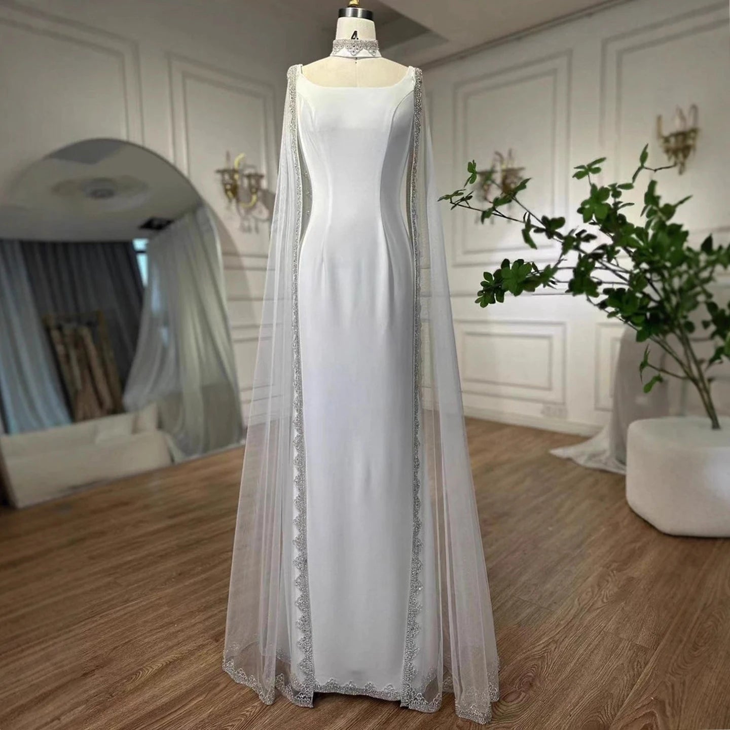 Luxury Blue Mermaid Beaded Evening Dress with Cape Sleeves LA72086 - SERENE HILL