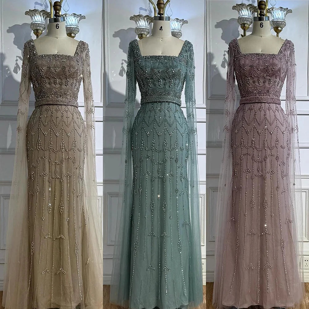 Luxury Arabic Caramel Beaded Evening Dress with Cape Sleeves LA72966A - SERENE HILL