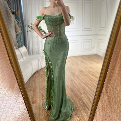 Serene Hill Arabic Green Crystal Tassel Saudi Evening Dresses Gowns High Split Prom Dress for Women Wedding Party 2025 LA72490 - SERENE HILL