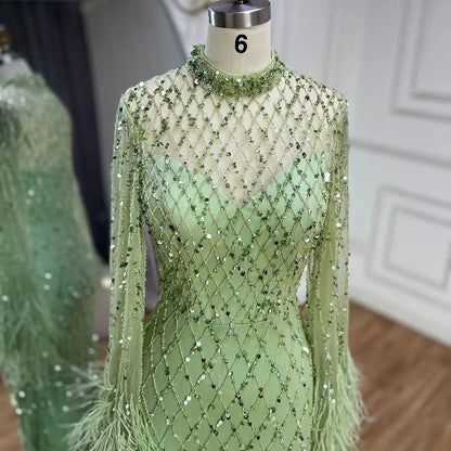 Luxury Dubai Caramel Beaded Feathers Mermaid Evening Dress LA72394A - SERENE HILL