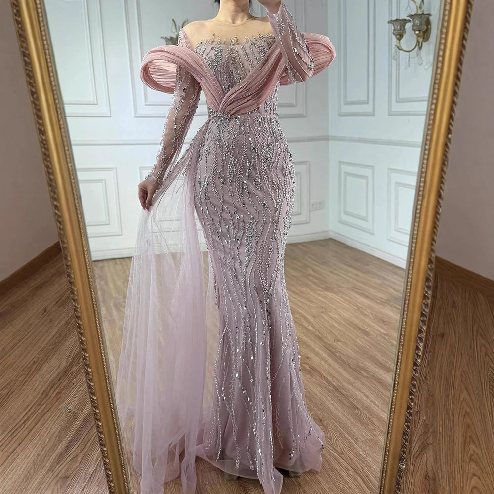Elegant Sage Green Beaded Evening Dress with Flowing Hem LA72928 - SERENE HILL