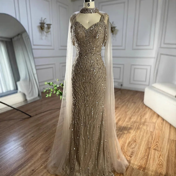 Luxury Caramel Beaded Mermaid Evening Gown with Cape Sleeves LA72921