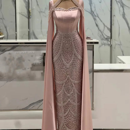 Luxury Arabic Pearls Pink Evening Dress with Cape LA73051 - SERENE HILL