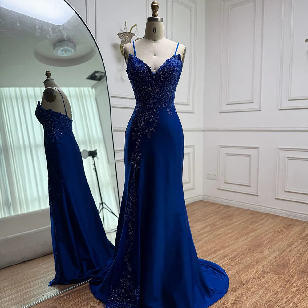 Luxury Navy Blue Lace Slit Prom Dress with Spaghetti Straps LA73041 - SERENE HILL