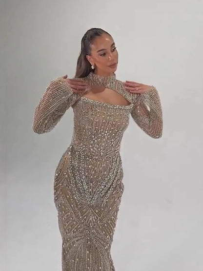 Luxury Arabic Nude Crystal Beaded Mermaid Evening Dress with Jacket LA73376 - SERENE HILL