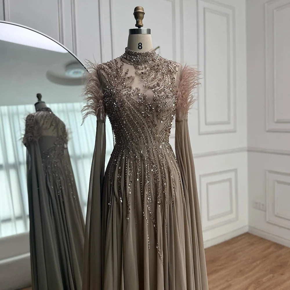 Luxury Pink Feather Beaded Evening Dress with Long Cape Sleeves LA72982 - SERENE HILL