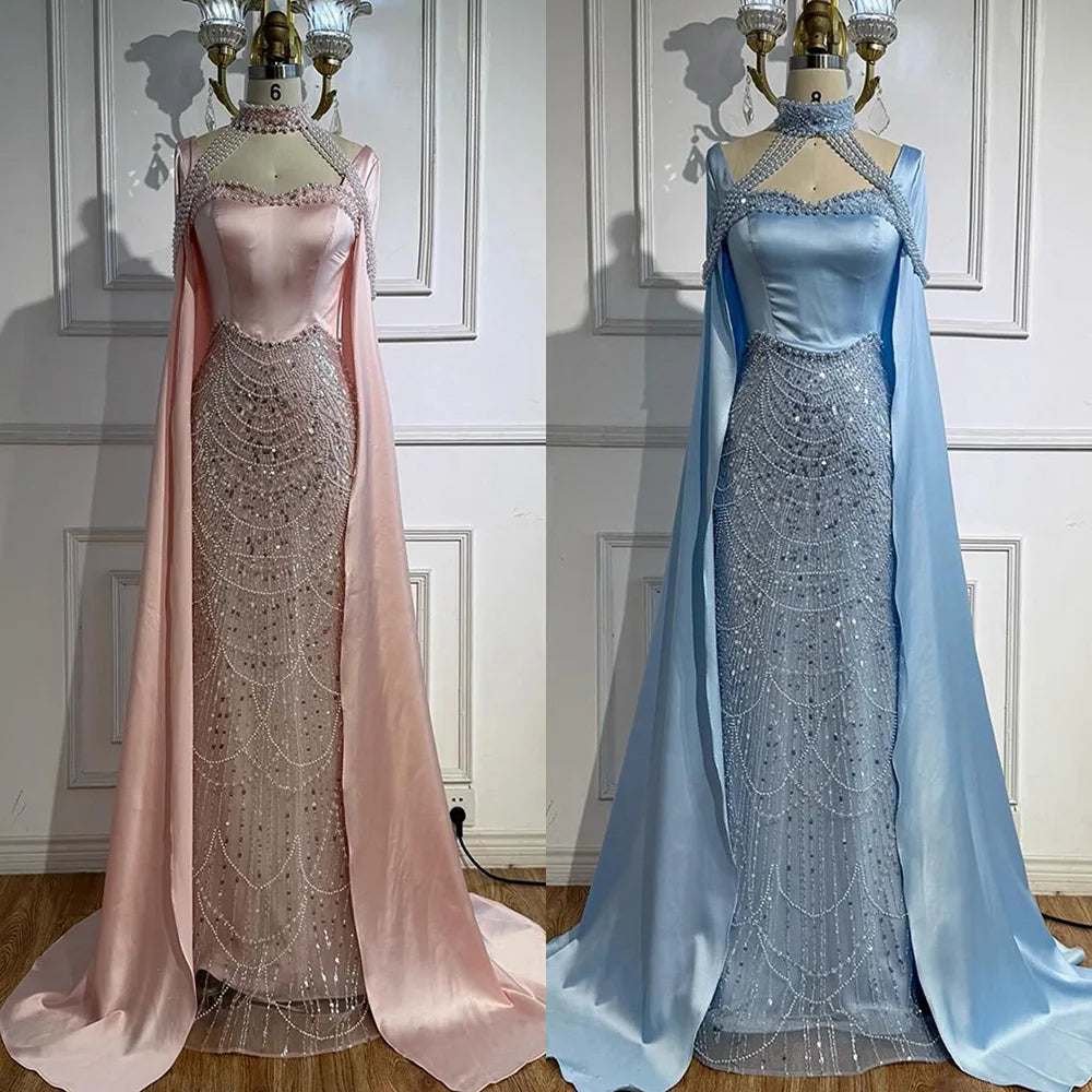 Luxury Arabic Pearls Pink Evening Dress with Cape LA73051 - SERENE HILL