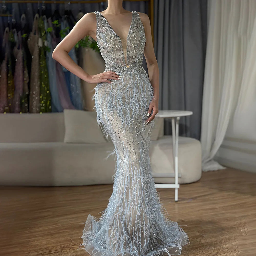 Serene Hill Arabic Blue Mermaid Elegant With Cape Luxury Beaded Feather Dubai Evening Dresses Gowns for Women Party LA71583B - SERENE HILL