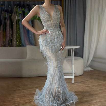 Serene Hill Arabic Blue Mermaid Elegant With Cape Luxury Beaded Feather Dubai Evening Dresses Gowns for Women Party LA71583B - SERENE HILL