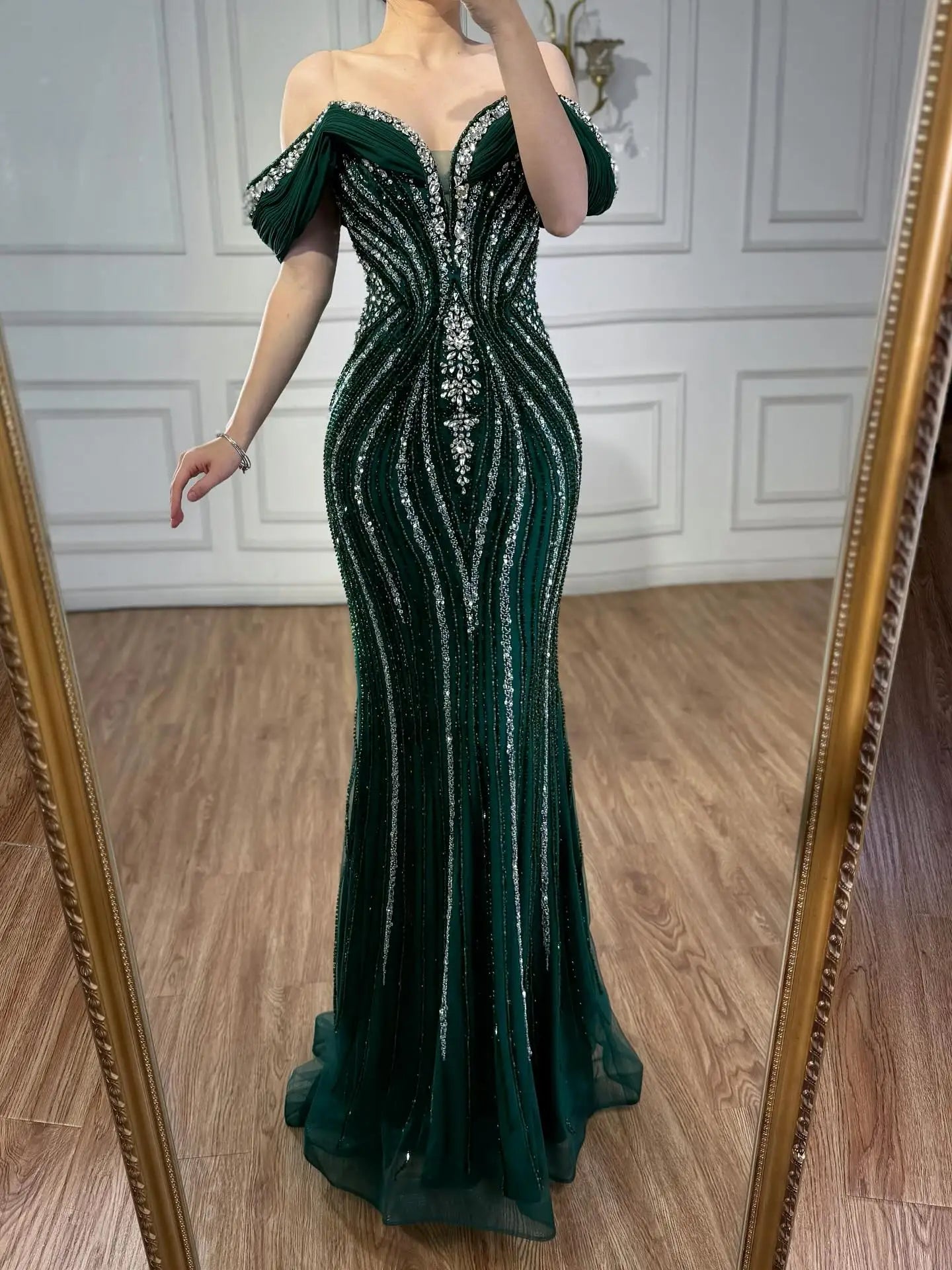 Luxury Green Gold Beaded Dubai Designer Mermaid Evening Dress LA73142 - SERENE HILL