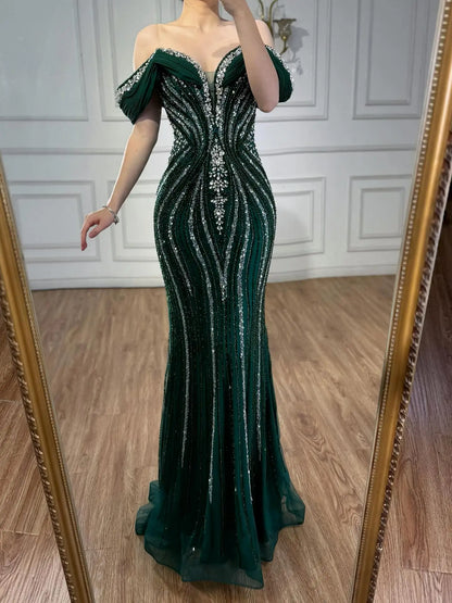 Luxury Green Gold Beaded Dubai Designer Mermaid Evening Dress LA73142 - SERENE HILL