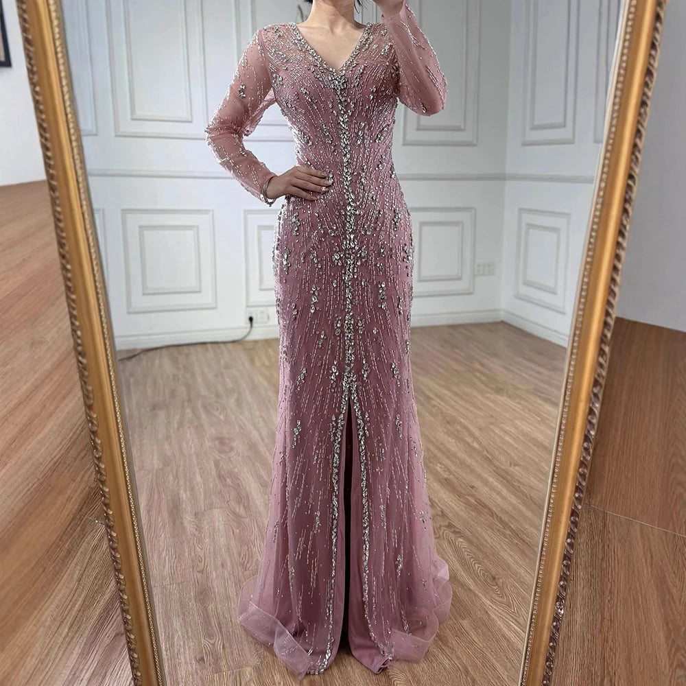 Luxury Turquoise Crystal Beaded Evening Dress Elegant Slit Gown LA73179 - SERENE HILL