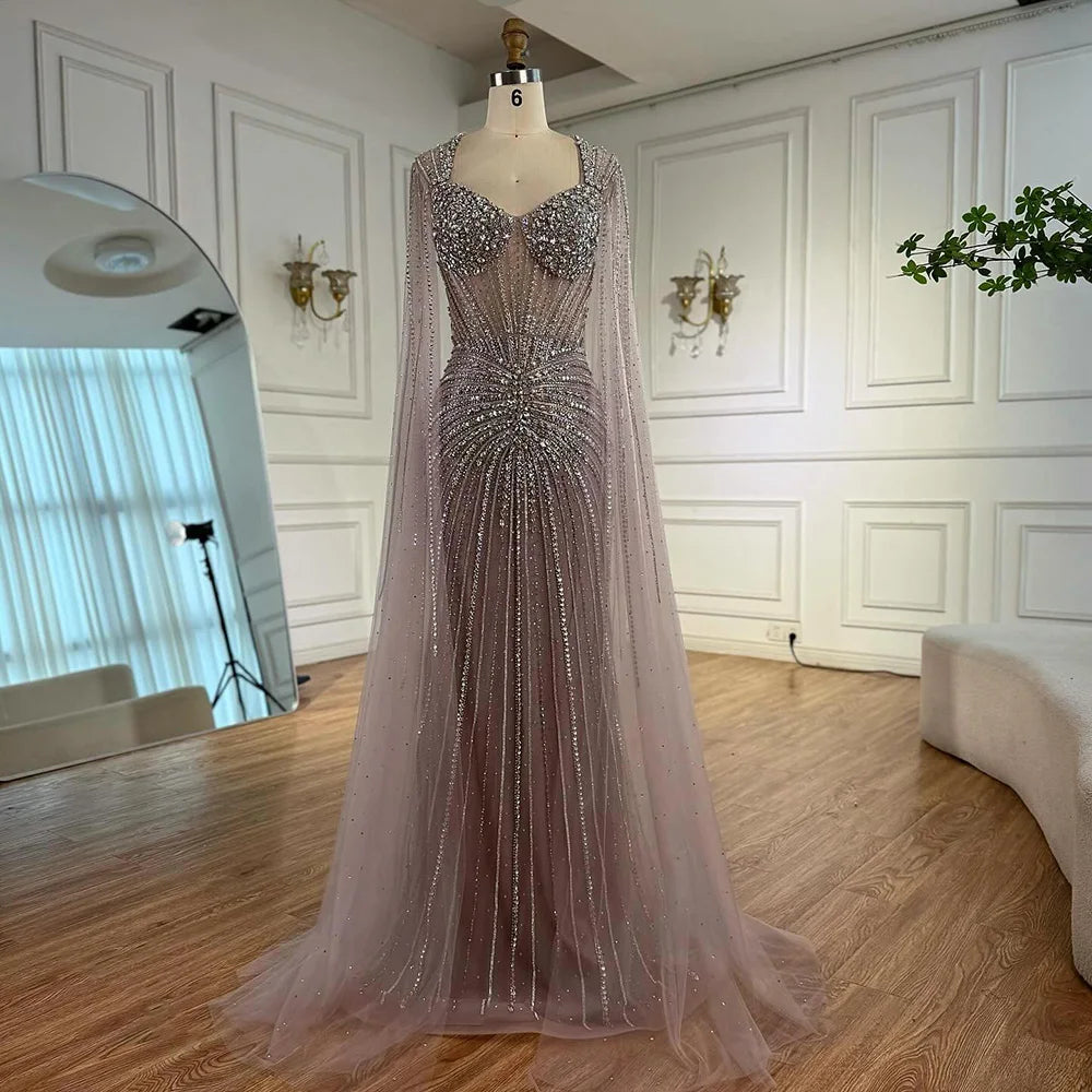 Luxury Nude Beaded Evening Dress with Cape Sleeves LA72575C - SERENE HILL
