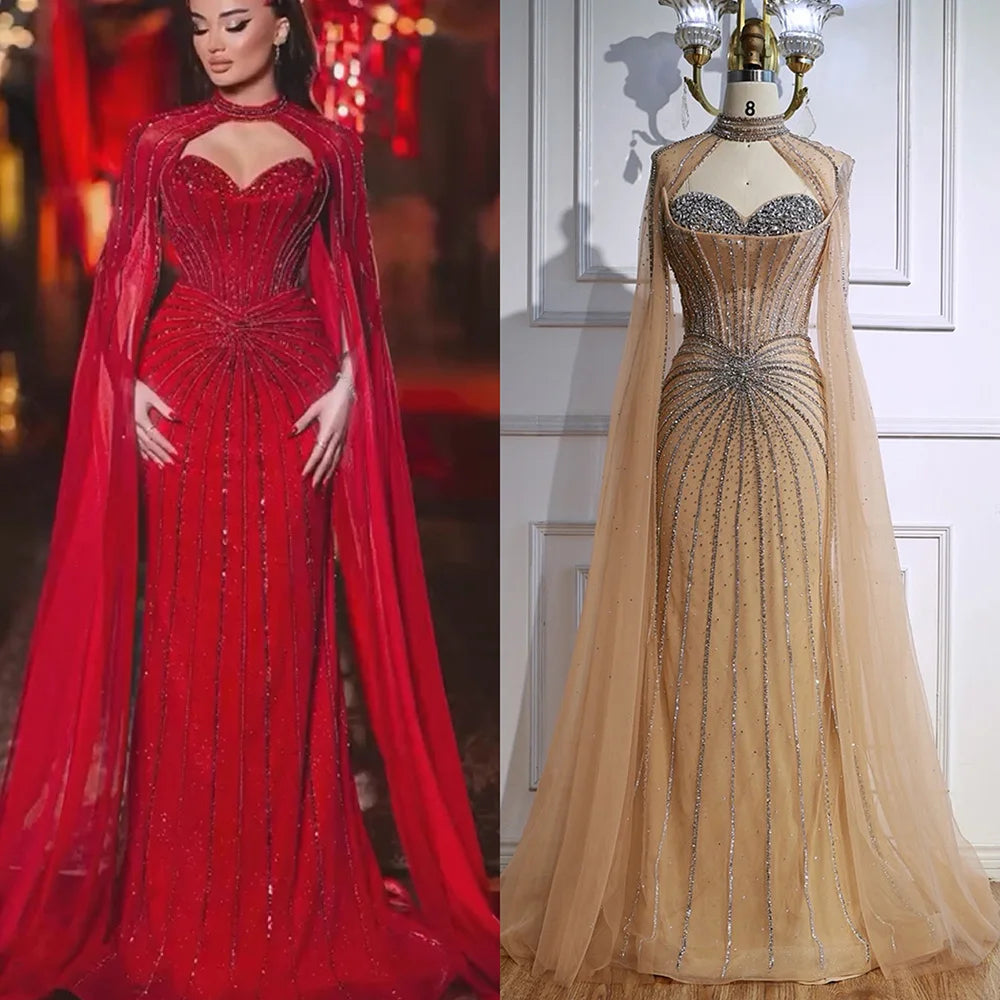 Nude Luxury Beaded Mermaid Evening Gown with Cape Sleeves LA72811A - SERENE HILL
