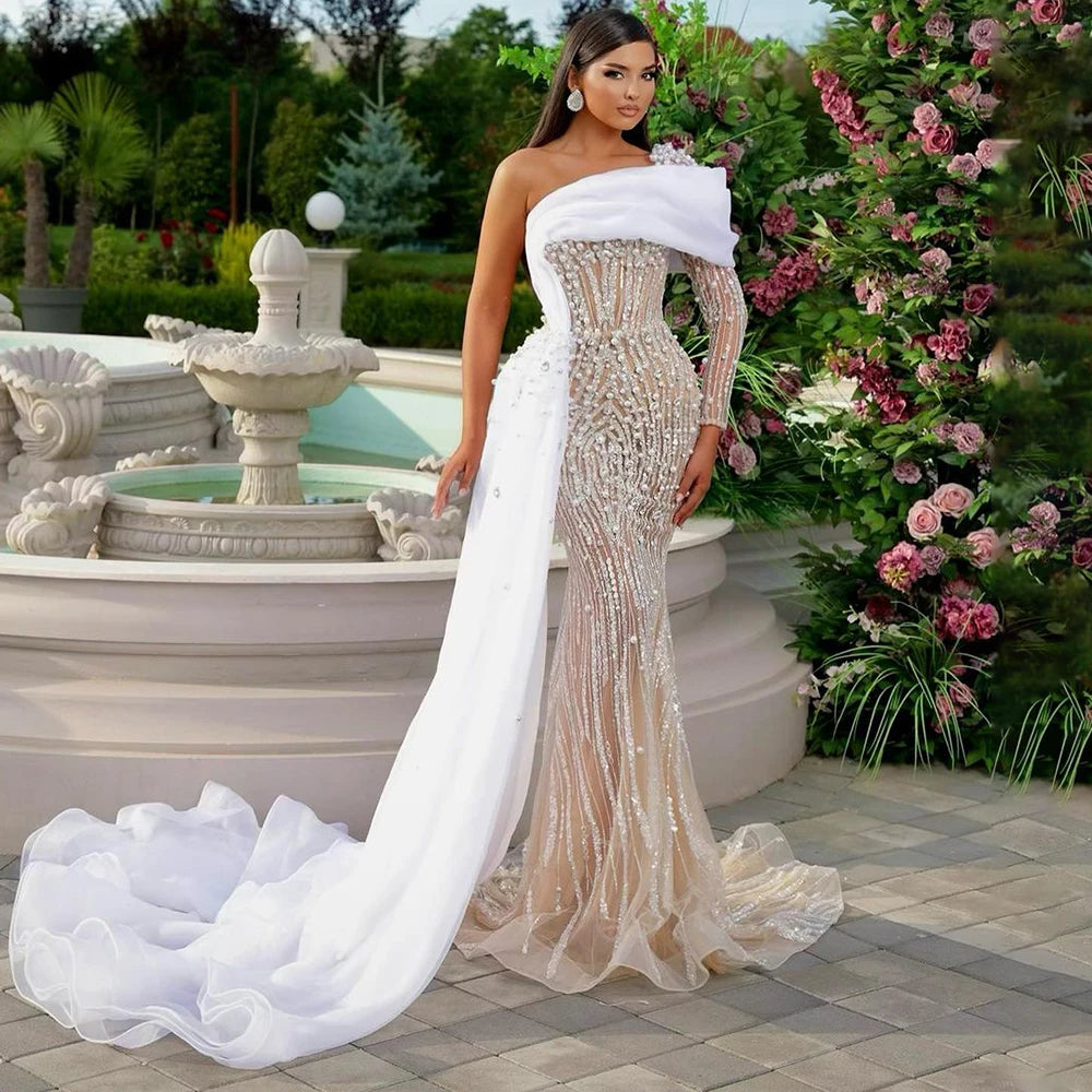 Serene Hill White Nude Elegant One Shoulder Evening Dresses Gowns Luxury Pearls Beaded for Women Wedding Party 2025 LA72493 White Nude / 10 Serene Hill White Nude Elegant One Shoulder Evening Dresses Gowns Luxury Pearls Beaded for Women Wedding Party 2025 LA72493 White Nude / 10