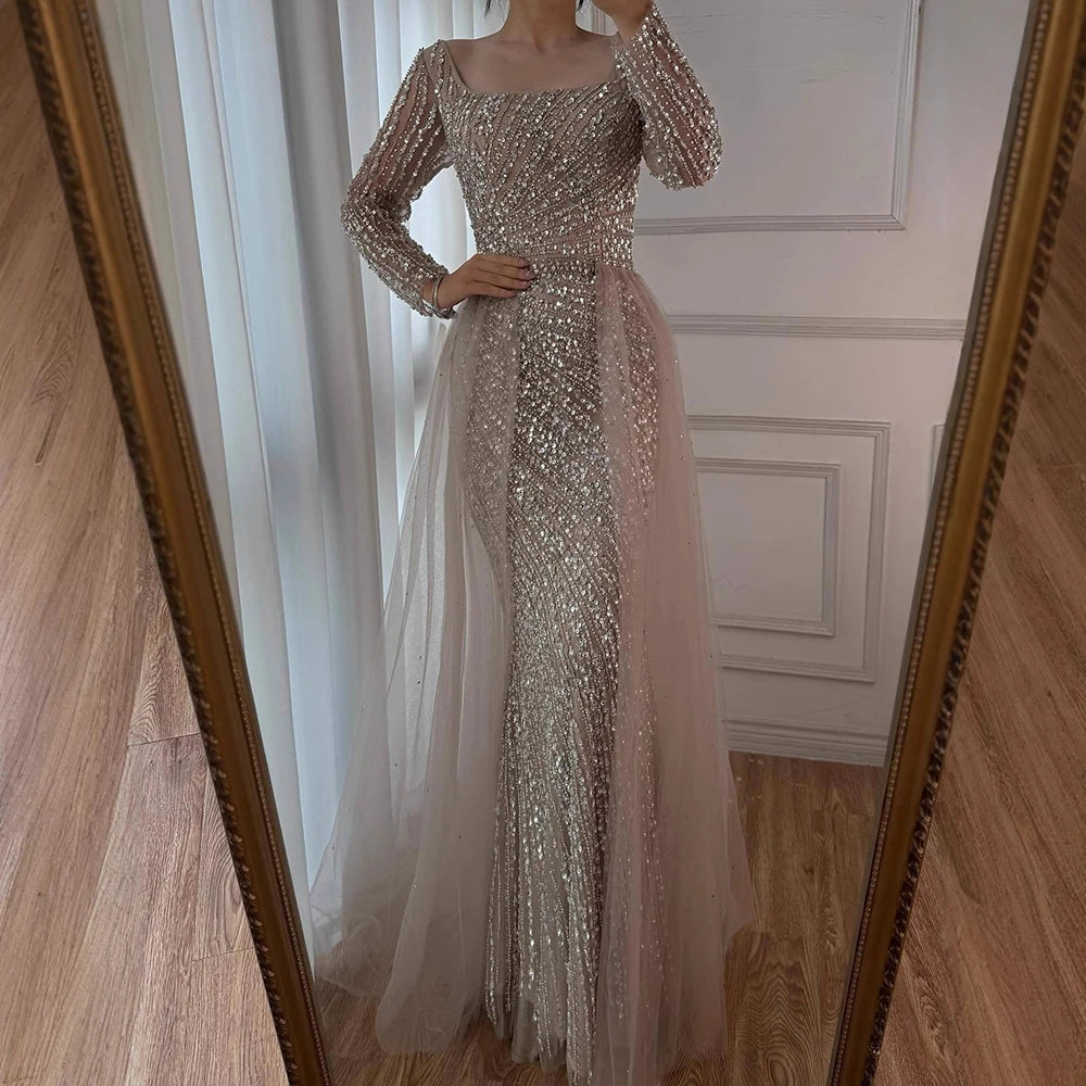 Luxury Gray Beaded Mermaid Evening Dress with Detachable Skirt LA71618L nude / 18W