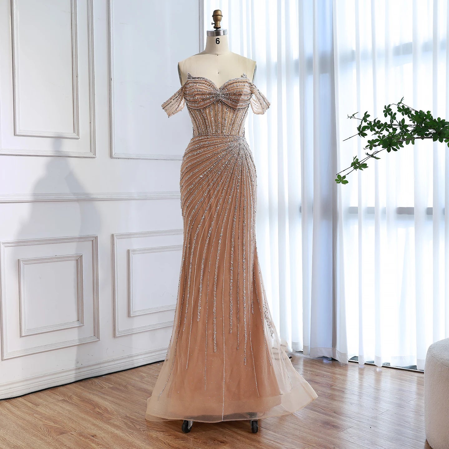 Luxury Nude Off Shoulder Beaded Mermaid Gown with Overskirt LA73139 - SERENE HILL