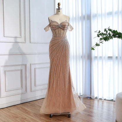 Luxury Nude Off Shoulder Beaded Mermaid Gown with Overskirt LA73139 - SERENE HILL