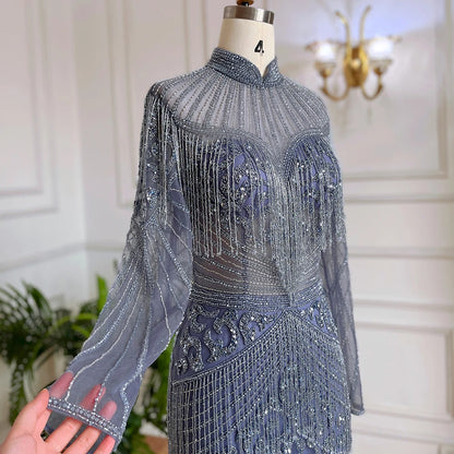 Luxury Blue Beaded Tassel Mermaid Evening Dress Dubai Style LA71986 - SERENE HILL
