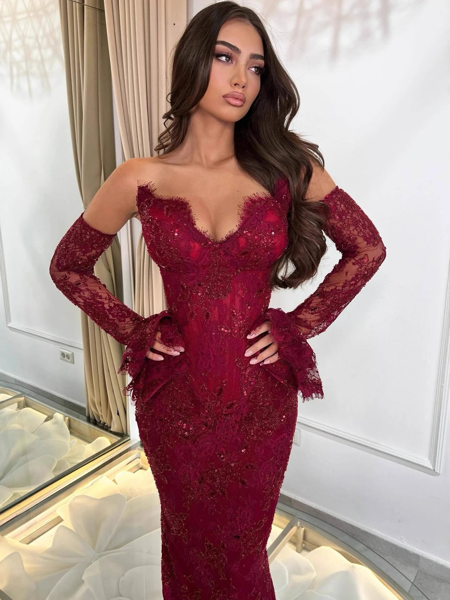 Luxury Wine Red Lace Beaded Mermaid Evening Dress LA73341 - SERENE HILL