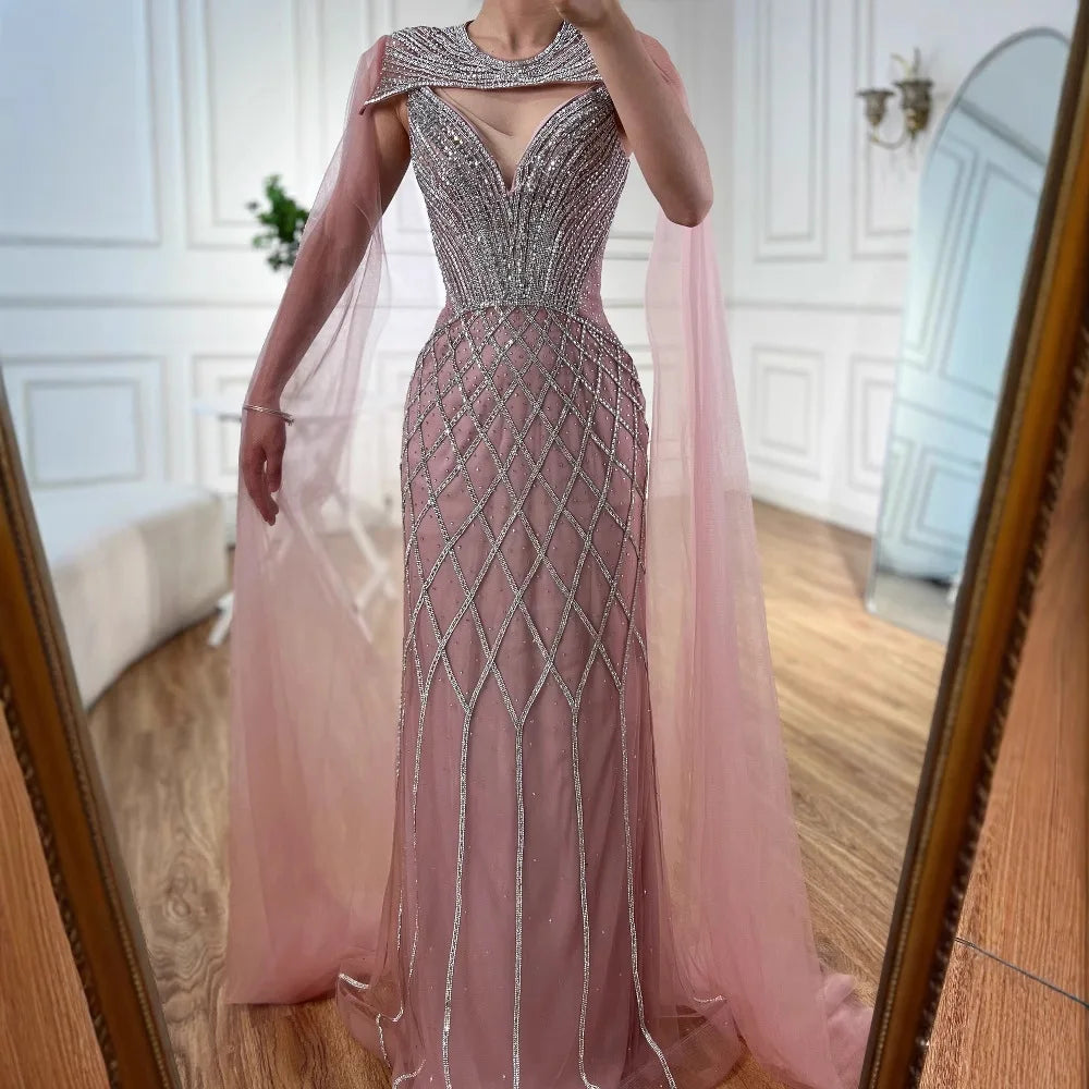 Luxury Nude Beaded Mermaid Evening Dress with Cape LA72814 - SERENE HILL