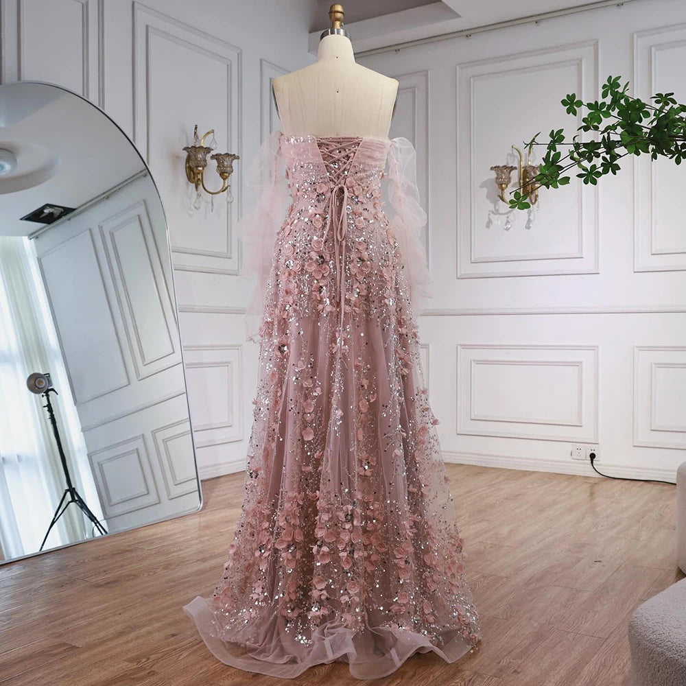 Elegant Pink 3D Flowers Evening Dress with Gloves LA72912 - SERENE HILL
