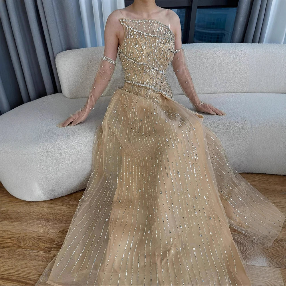Luxury Nude Crystal Beaded A-Line Evening Dress with Split LA72949 - SERENE HILL