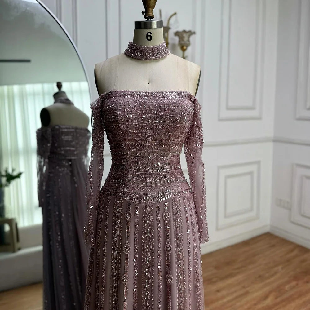 Luxury Caramel Off Shoulder Beaded Mermaid Evening Dress Long Sleeves LA73053 - SERENE HILL