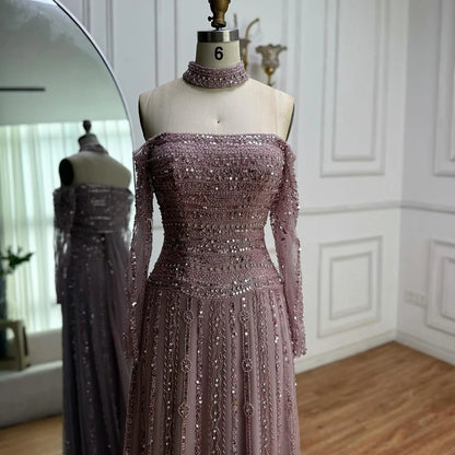 Luxury Caramel Off Shoulder Beaded Mermaid Evening Dress Long Sleeves LA73053 - SERENE HILL