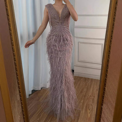 Luxury Brown Mermaid Elegant Beaded Evening Dress Gown with Feathers LA70801 - SERENE HILL