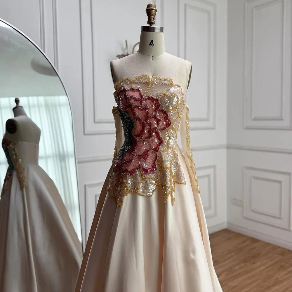 Luxury Chic Arabic Designer Beaded Satin A-Line Evening Dress LA72195B - SERENE HILL