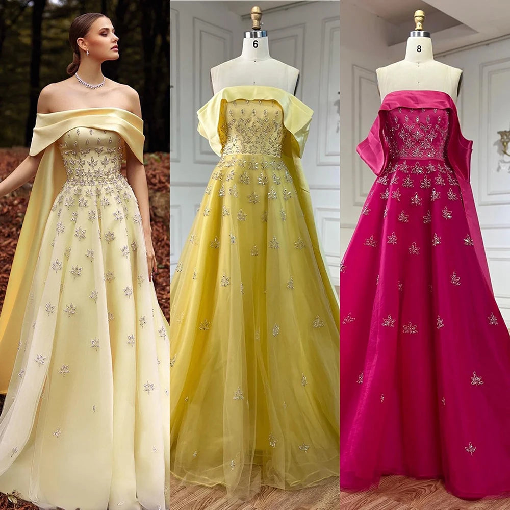 Serene Hill Luxury Dubai Arabic Yellow Elegant Boat Neck Long Evening Dress Beaded Party Gown for Women&