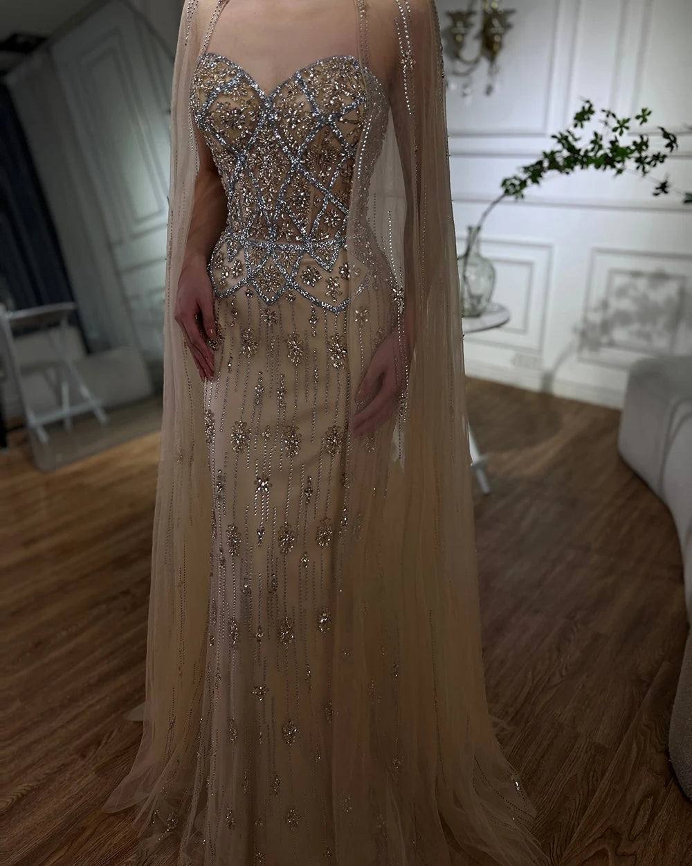 Luxury Dubai Nude Saudi Evening Gown Mermaid Detachable Cape Sleeves Luxury Beaded Dress for Formal Occasion LA72716 - SERENE HILL