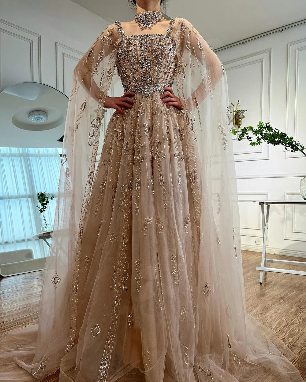 Luxury Designer Nude A-Line Crystal Beaded Arabic Evening Dress LA72764 - SERENE HILL