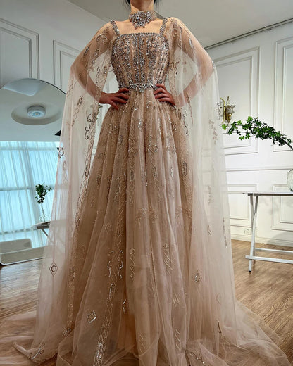 Luxury Designer Nude A-Line Crystal Beaded Arabic Evening Dress LA72764 - SERENE HILL